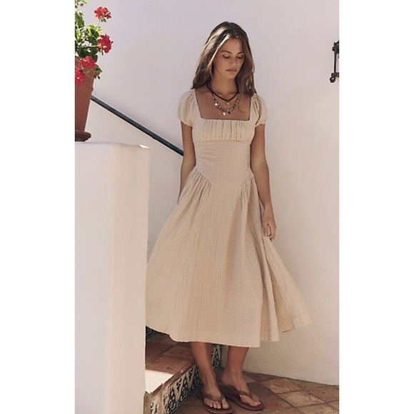 Free People Dresses & Skirts - NWT Free People free-est Ciara Pucker Check Midi Dress Minimalist Size M Oatmeal